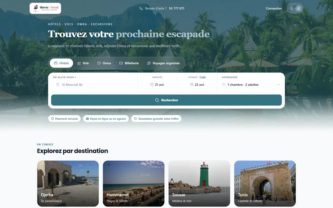 Page d’accueil de slamatravel.com : recherche d’hôtels, vols, Omra et voyages organisés