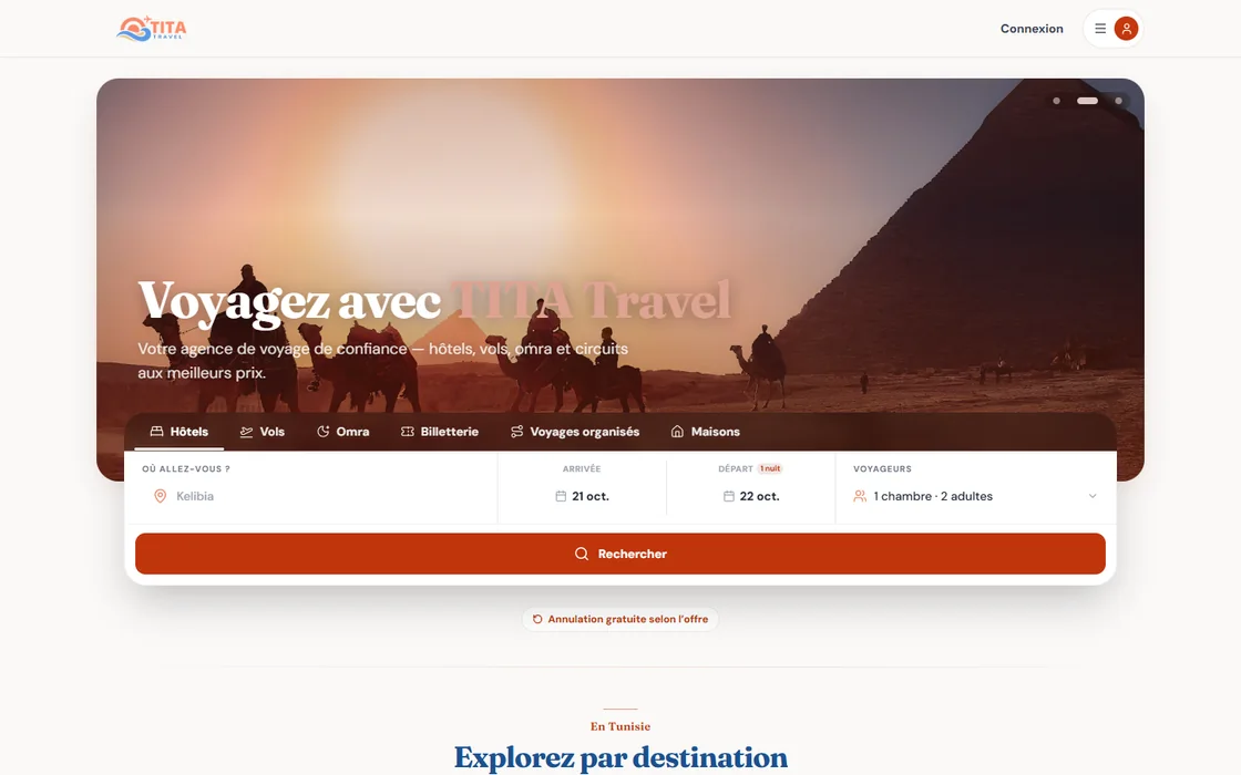Page d’accueil de titatravel.tn : recherche d’hôtels avec onglets vols, Omra et maisons